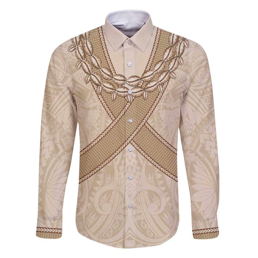 Mauri Ribaberiki Kiribati Family Matching Short Sleeve Bodycon Dress and Hawaiian Shirt Cowrie Shells Lei Palm Leaf Weaving LT14 Dad's Shirt - Long Sleeve Beige - Polynesian Pride