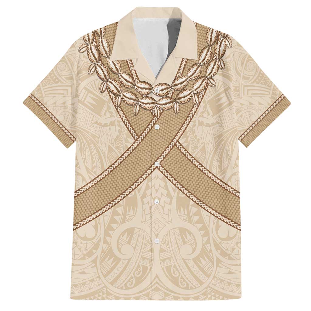 Mauri Ribaberiki Kiribati Family Matching Summer Maxi Dress and Hawaiian Shirt Cowrie Shells Lei Palm Leaf Weaving LT14 Dad's Shirt - Short Sleeve Beige - Polynesian Pride