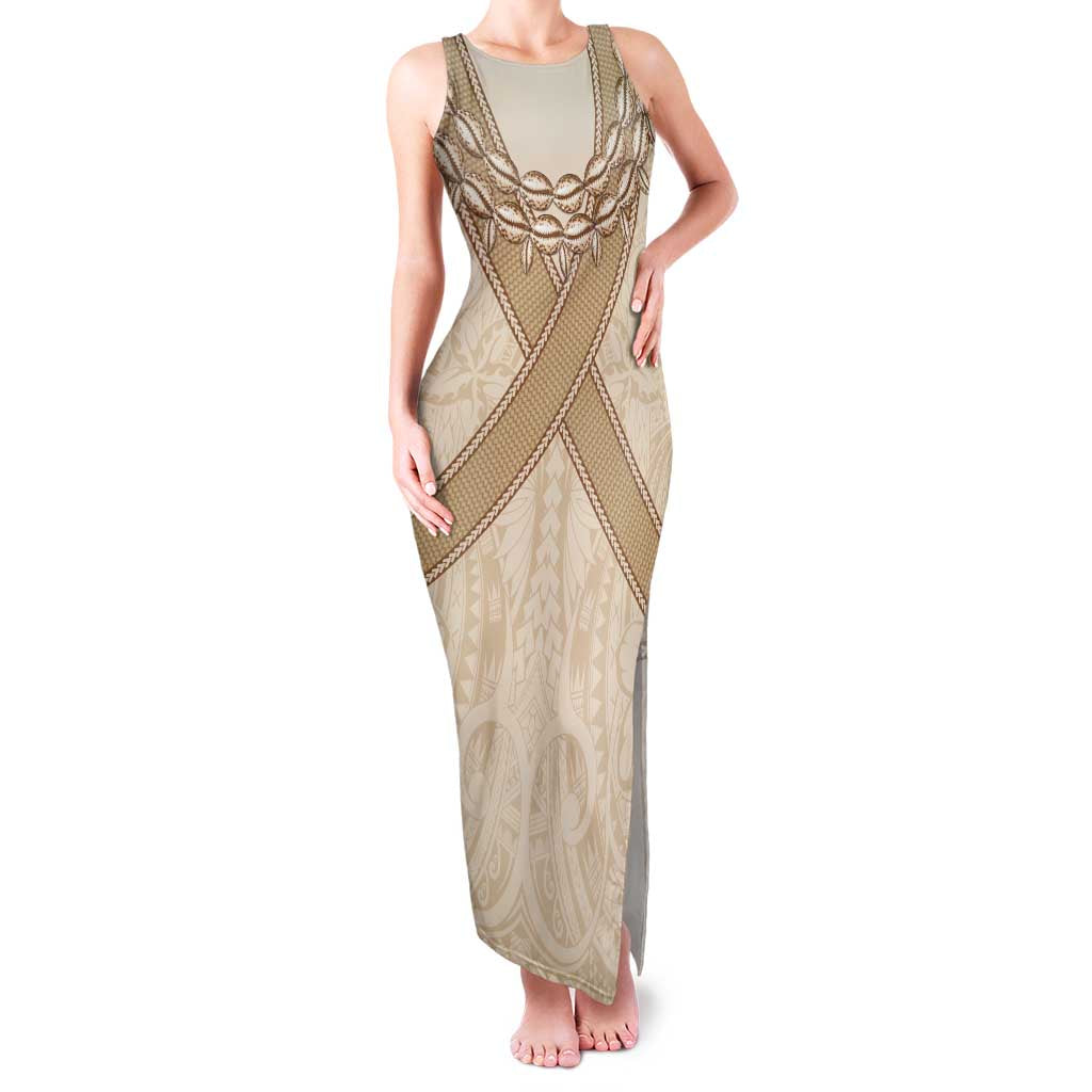 Mauri Ribaberiki Kiribati Family Matching Tank Maxi Dress and Hawaiian Shirt Cowrie Shells Lei Palm Leaf Weaving LT14 Mom's Dress Beige - Polynesian Pride