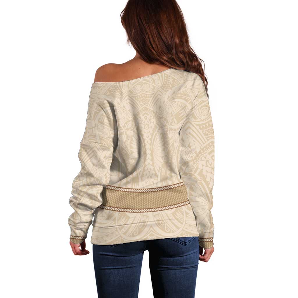 Mauri Ribaberiki Kiribati Off Shoulder Sweater Cowrie Shells Lei Palm Leaf Weaving