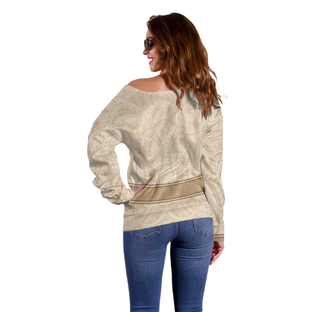 Mauri Ribaberiki Kiribati Off Shoulder Sweater Cowrie Shells Lei Palm Leaf Weaving