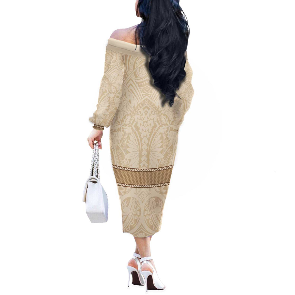 Mauri Ribaberiki Kiribati Off The Shoulder Long Sleeve Dress Cowrie Shells Lei Palm Leaf Weaving