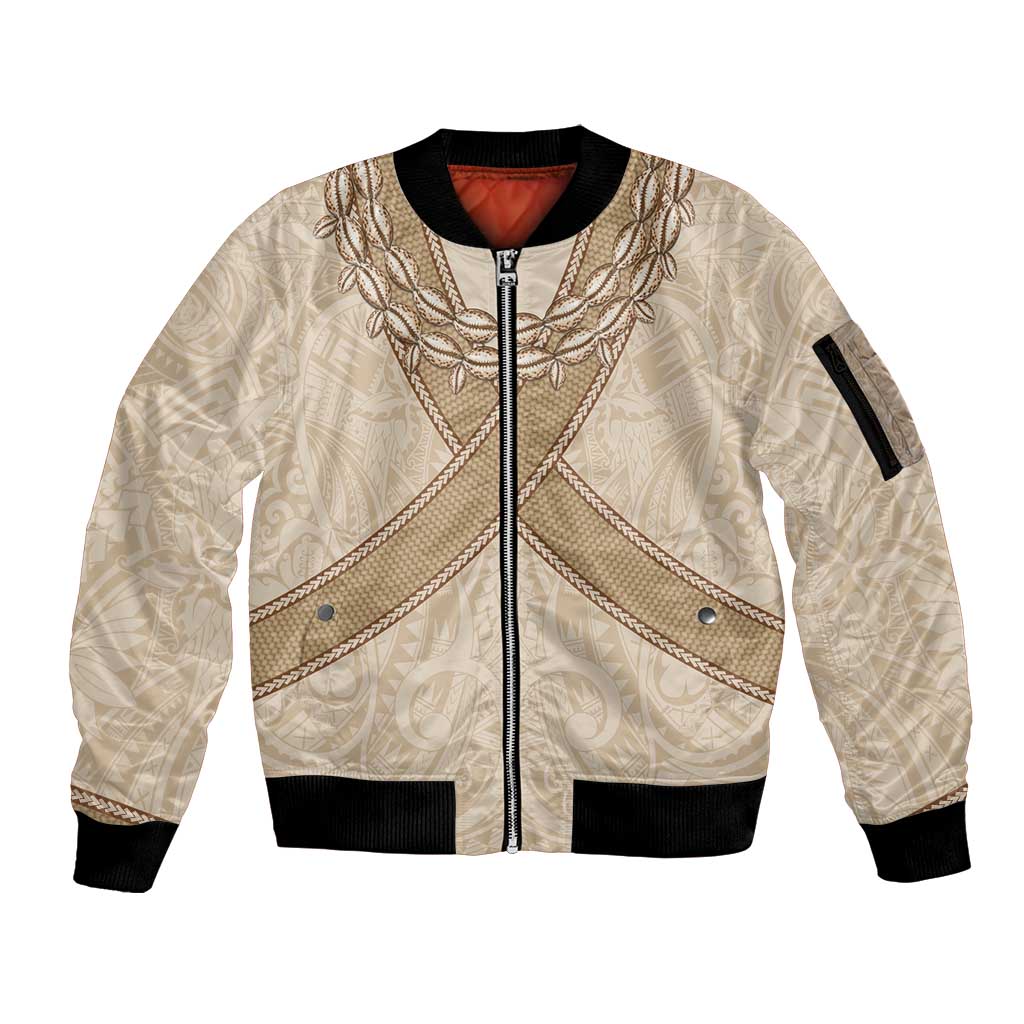 Mauri Ribaberiki Kiribati Sleeve Zip Bomber Jacket Cowrie Shells Lei Palm Leaf Weaving
