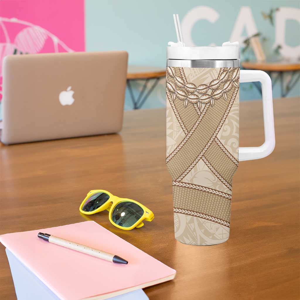 Mauri Ribaberiki Kiribati Tumbler With Handle Cowrie Shells Lei Palm Leaf Weaving