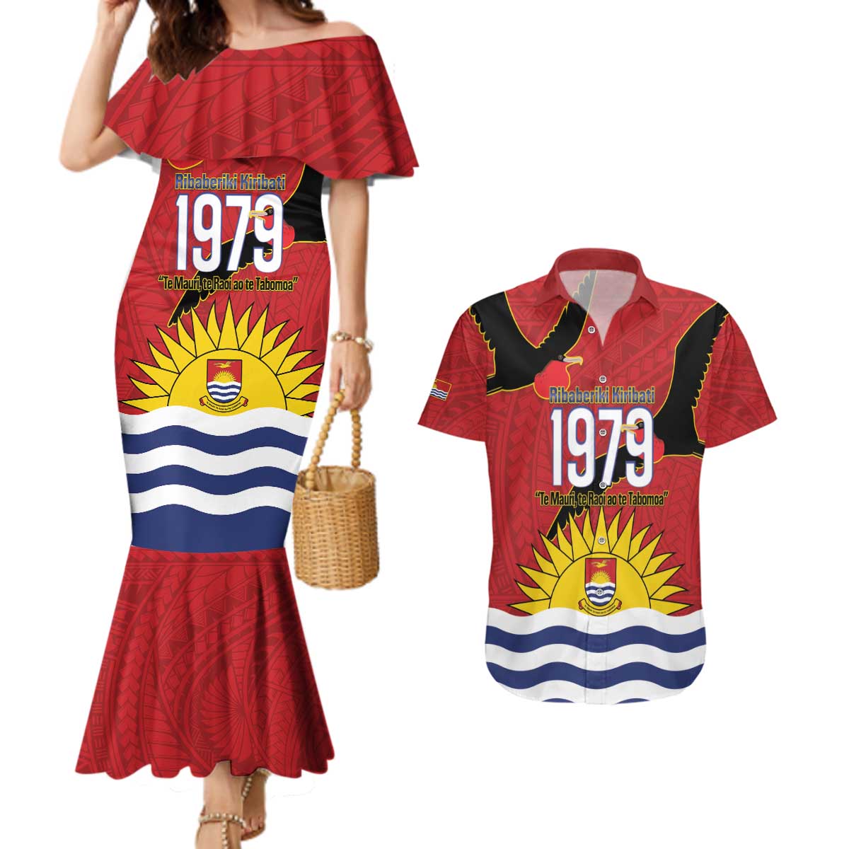 Mauri Kiribati Independence Day Couples Matching Mermaid Dress and Hawaiian Shirt 1979 Proud National Frigatebird