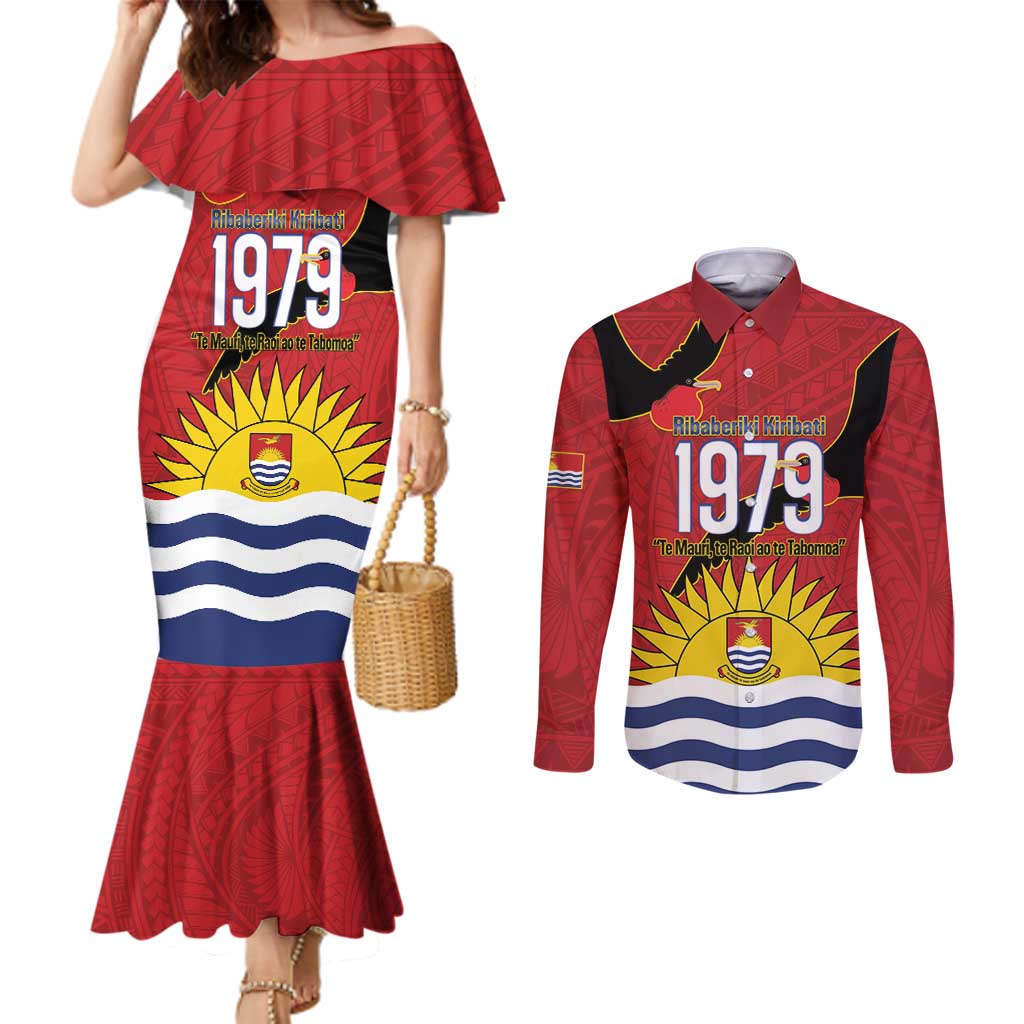 Mauri Kiribati Independence Day Couples Matching Mermaid Dress and Long Sleeve Button Shirt 1979 Proud National Frigatebird