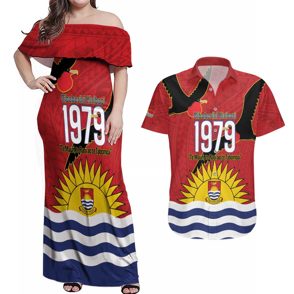 Mauri Kiribati Independence Day Couples Matching Off Shoulder Maxi Dress and Hawaiian Shirt 1979 Proud National Frigatebird LT14 Red - Polynesian Pride