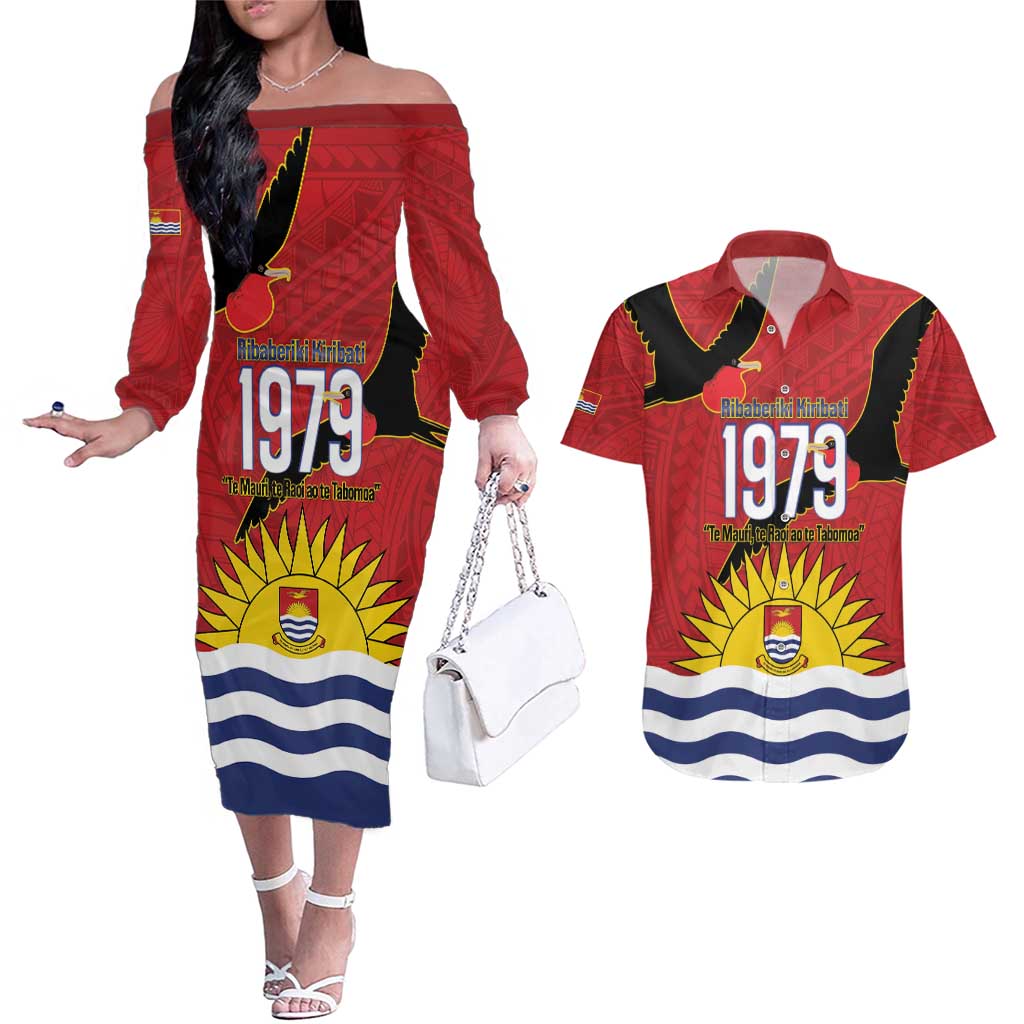 Mauri Kiribati Independence Day Couples Matching Off The Shoulder Long Sleeve Dress and Hawaiian Shirt 1979 Proud National Frigatebird LT14 Red - Polynesian Pride