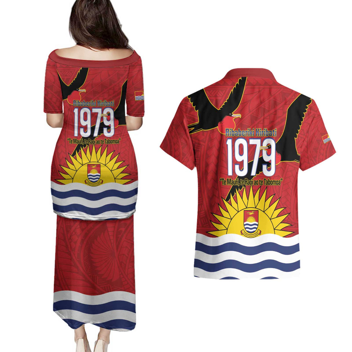 Mauri Kiribati Independence Day Couples Matching Puletasi and Hawaiian Shirt 1979 Proud National Frigatebird