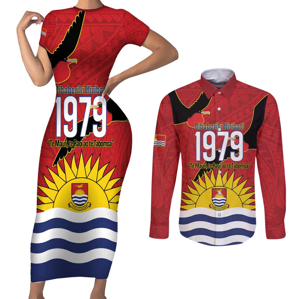 Mauri Kiribati Independence Day Couples Matching Short Sleeve Bodycon Dress and Long Sleeve Button Shirt 1979 Proud National Frigatebird LT14 Red - Polynesian Pride