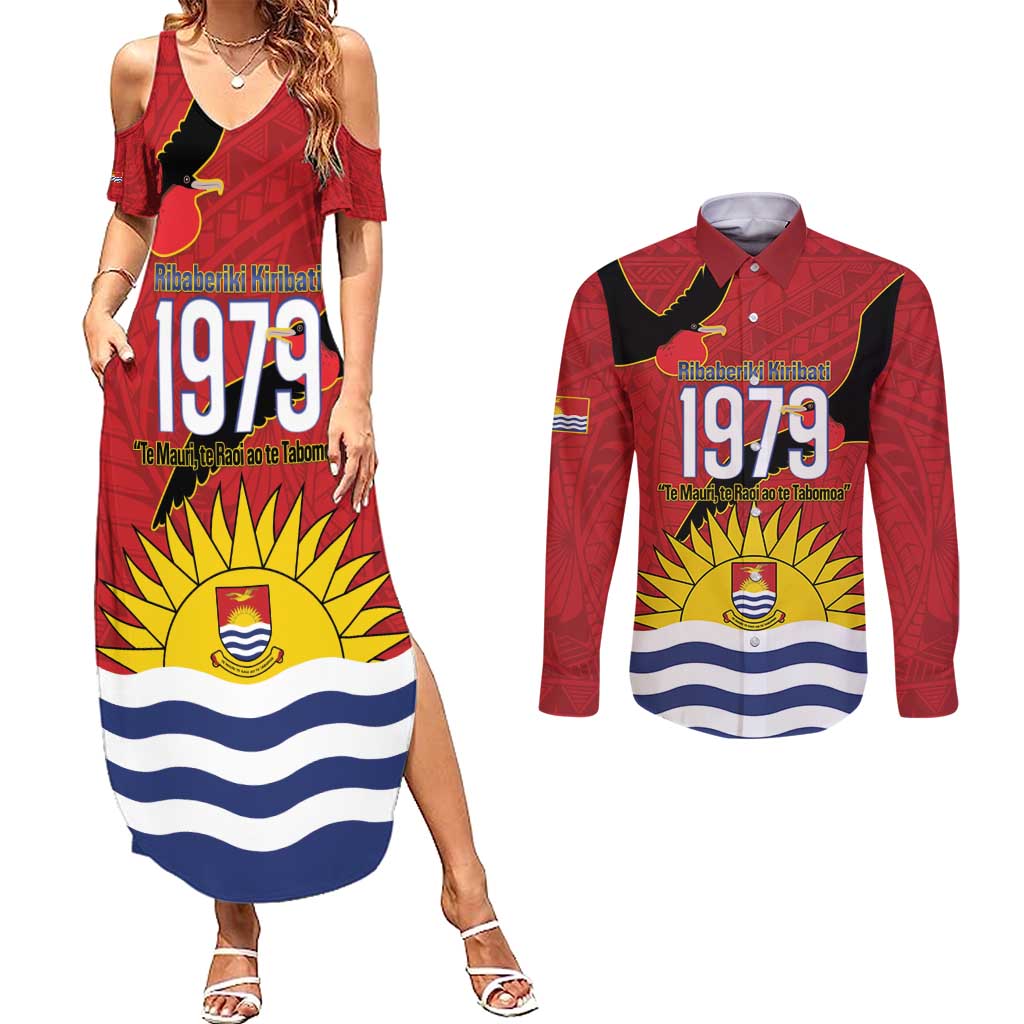 Mauri Kiribati Independence Day Couples Matching Summer Maxi Dress and Long Sleeve Button Shirt 1979 Proud National Frigatebird