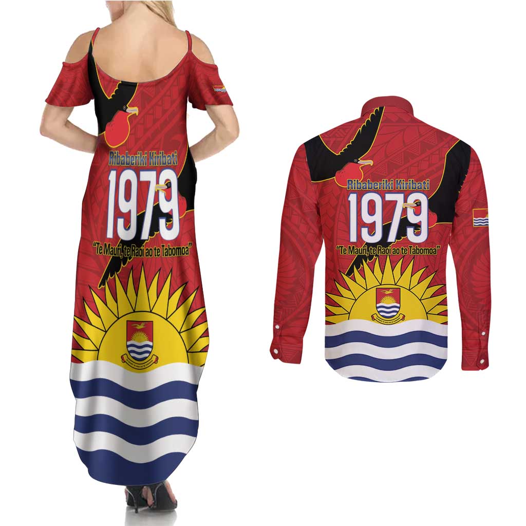 Mauri Kiribati Independence Day Couples Matching Summer Maxi Dress and Long Sleeve Button Shirt 1979 Proud National Frigatebird