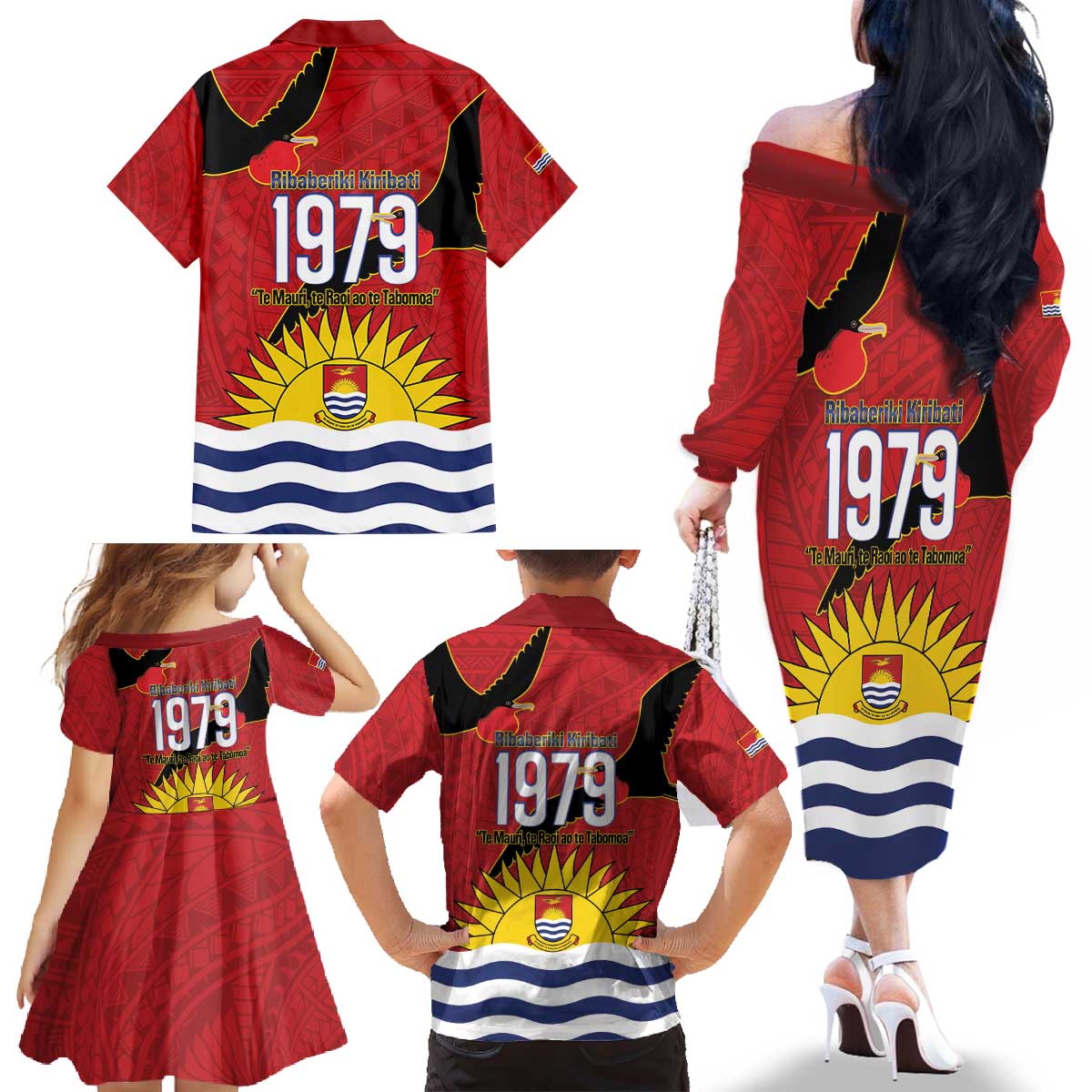 Mauri Kiribati Independence Day Family Matching Off The Shoulder Long Sleeve Dress and Hawaiian Shirt 1979 Proud National Frigatebird LT14 - Polynesian Pride