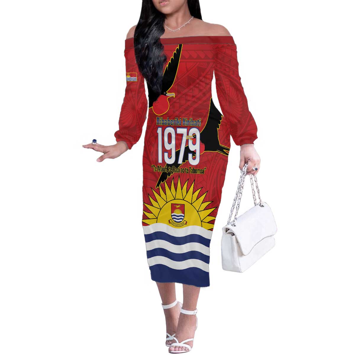 Mauri Kiribati Independence Day Family Matching Off The Shoulder Long Sleeve Dress and Hawaiian Shirt 1979 Proud National Frigatebird LT14 Mom's Dress Red - Polynesian Pride