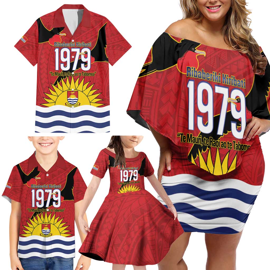 Mauri Kiribati Independence Day Family Matching Off Shoulder Short Dress and Hawaiian Shirt 1979 Proud National Frigatebird LT14 - Polynesian Pride