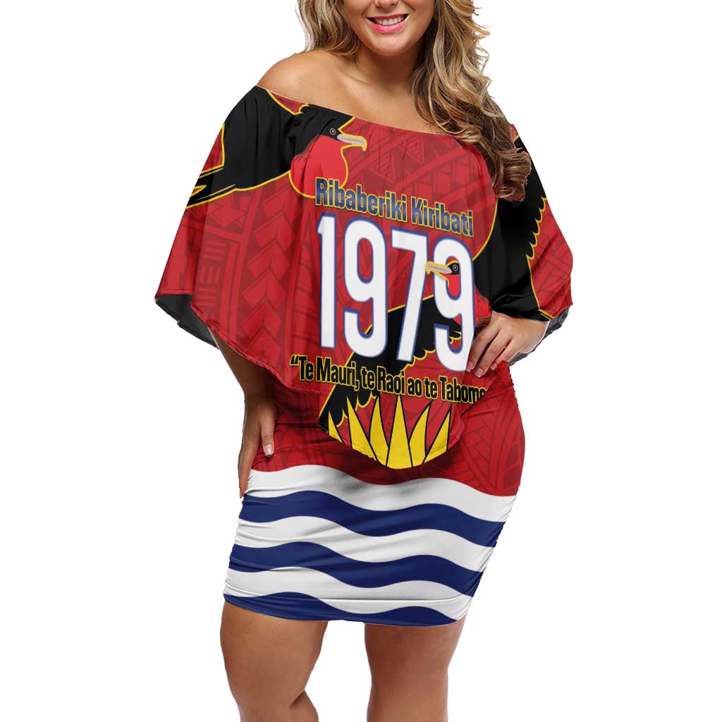 Mauri Kiribati Independence Day Family Matching Off Shoulder Short Dress and Hawaiian Shirt 1979 Proud National Frigatebird LT14 Mom's Dress Red - Polynesian Pride
