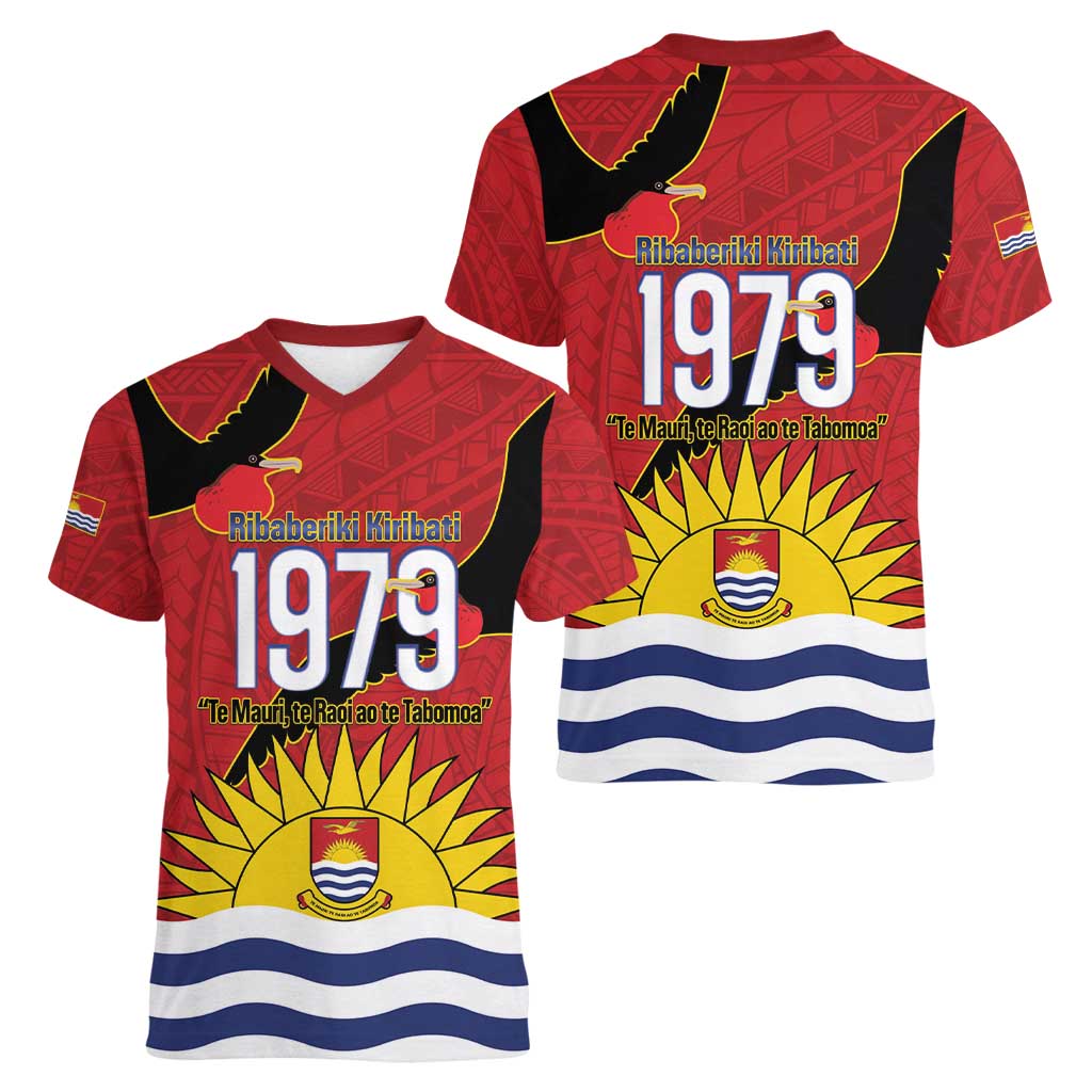 Mauri Kiribati Independence Day Women V-Neck T-Shirt 1979 Proud National Frigatebird LT14 - Polynesian Pride