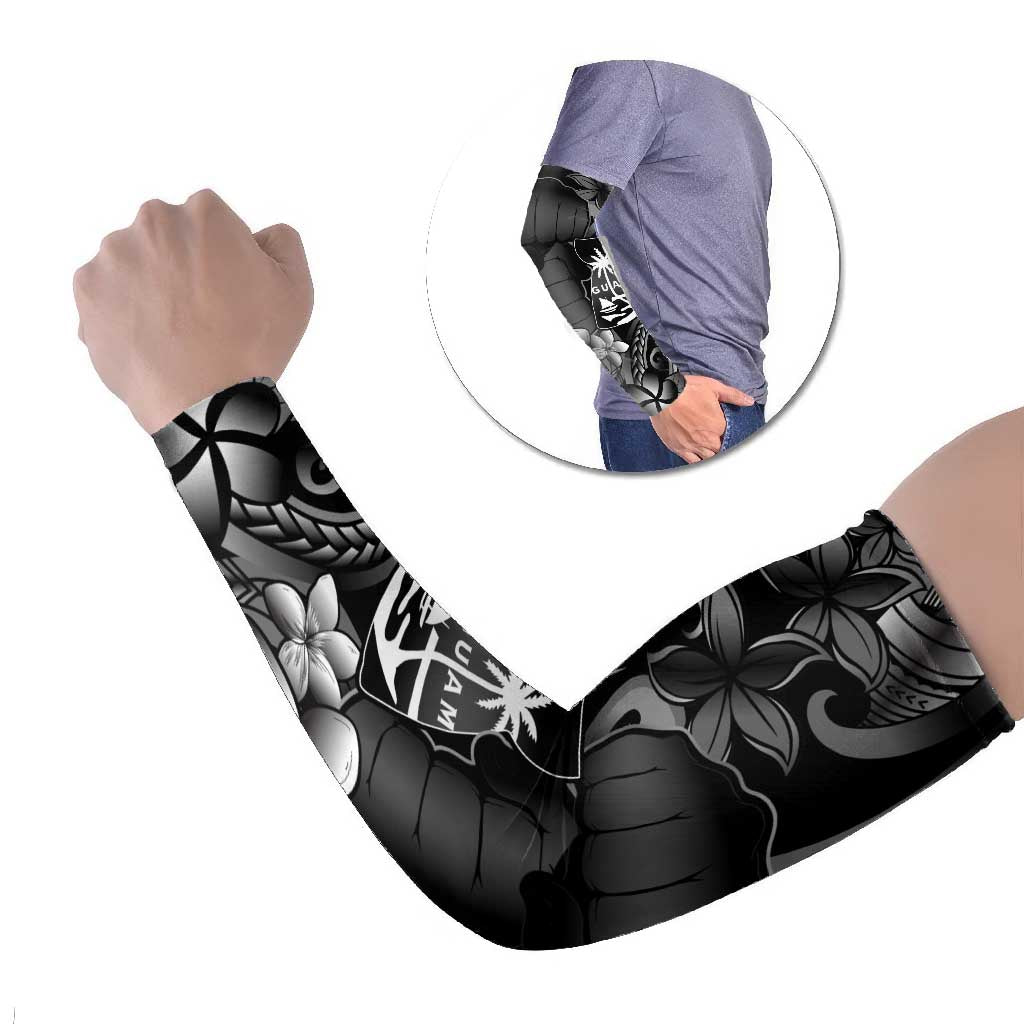 Black Hafa Adai Guam Arm Sleeves Chamorro Latte Stone Hand With Plumeria - Polynesian Pride