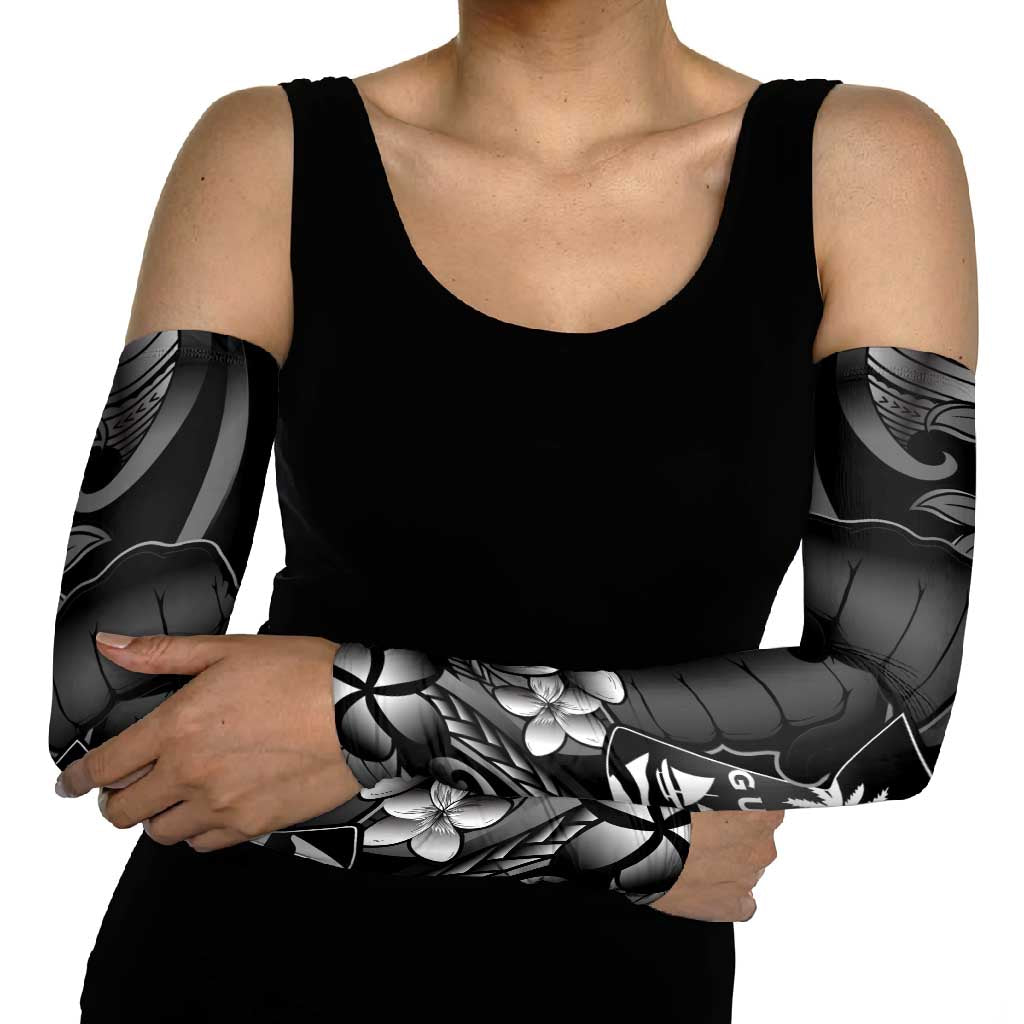 Black Hafa Adai Guam Arm Sleeves Chamorro Latte Stone Hand With Plumeria - Polynesian Pride