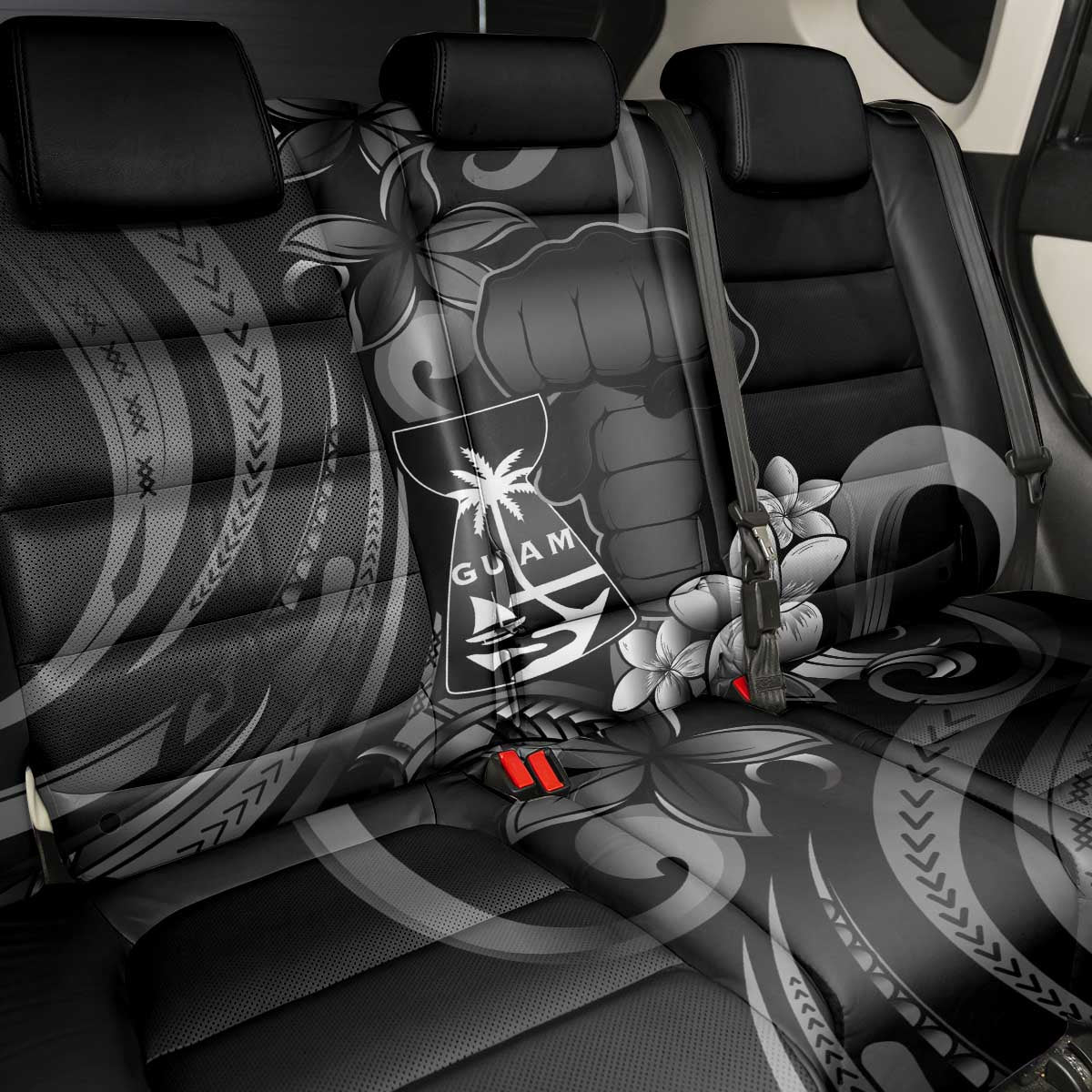 Black Hafa Adai Guam Back Car Seat Cover Chamorro Latte Stone Hand With Plumeria