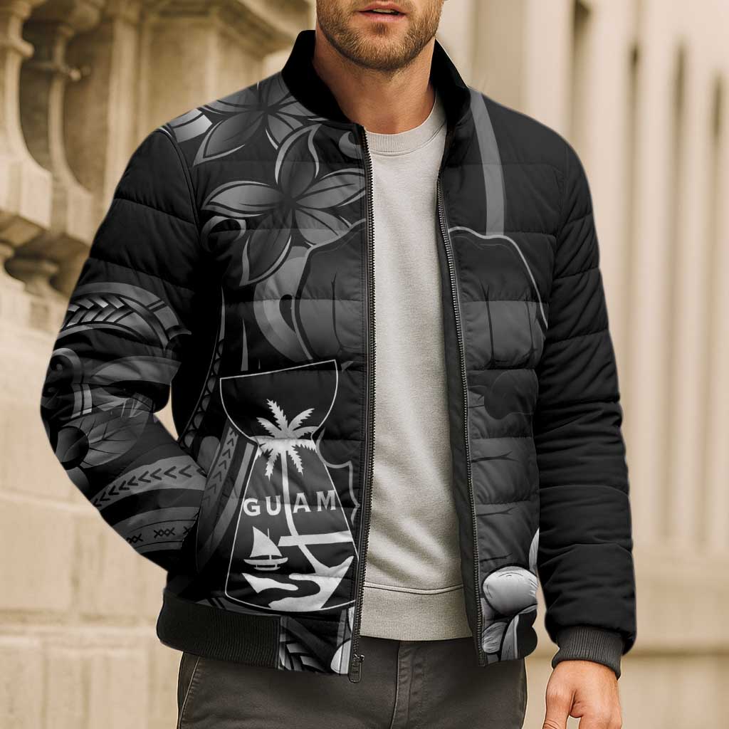Black Hafa Adai Guam Bomber Puffer Jacket Chamorro Latte Stone Hand With Plumeria - Polynesian Pride