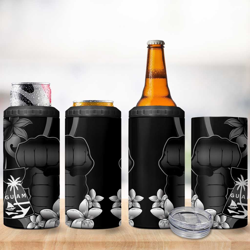 Black Hafa Adai Guam 4 in 1 Can Cooler Tumbler Chamorro Latte Stone Hand With Plumeria