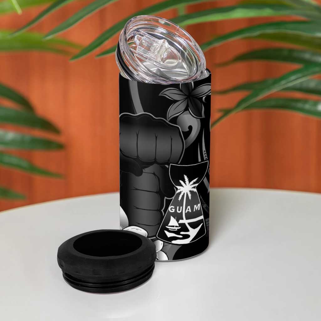 Black Hafa Adai Guam 4 in 1 Can Cooler Tumbler Chamorro Latte Stone Hand With Plumeria