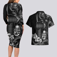 Black Hafa Adai Guam Couples Matching Long Sleeve Bodycon Dress and Hawaiian Shirt Chamorro Latte Stone Hand With Plumeria
