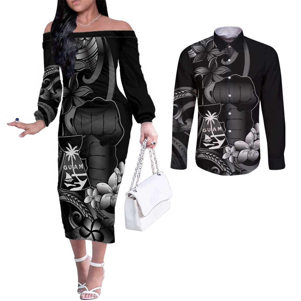 Black Hafa Adai Guam Couples Matching Off The Shoulder Long Sleeve Dress and Long Sleeve Button Shirt Chamorro Latte Stone Hand With Plumeria