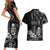 Black Hafa Adai Guam Couples Matching Short Sleeve Bodycon Dress and Hawaiian Shirt Chamorro Latte Stone Hand With Plumeria