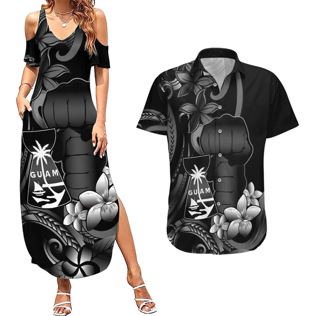 Black Hafa Adai Guam Couples Matching Summer Maxi Dress and Hawaiian Shirt Chamorro Latte Stone Hand With Plumeria