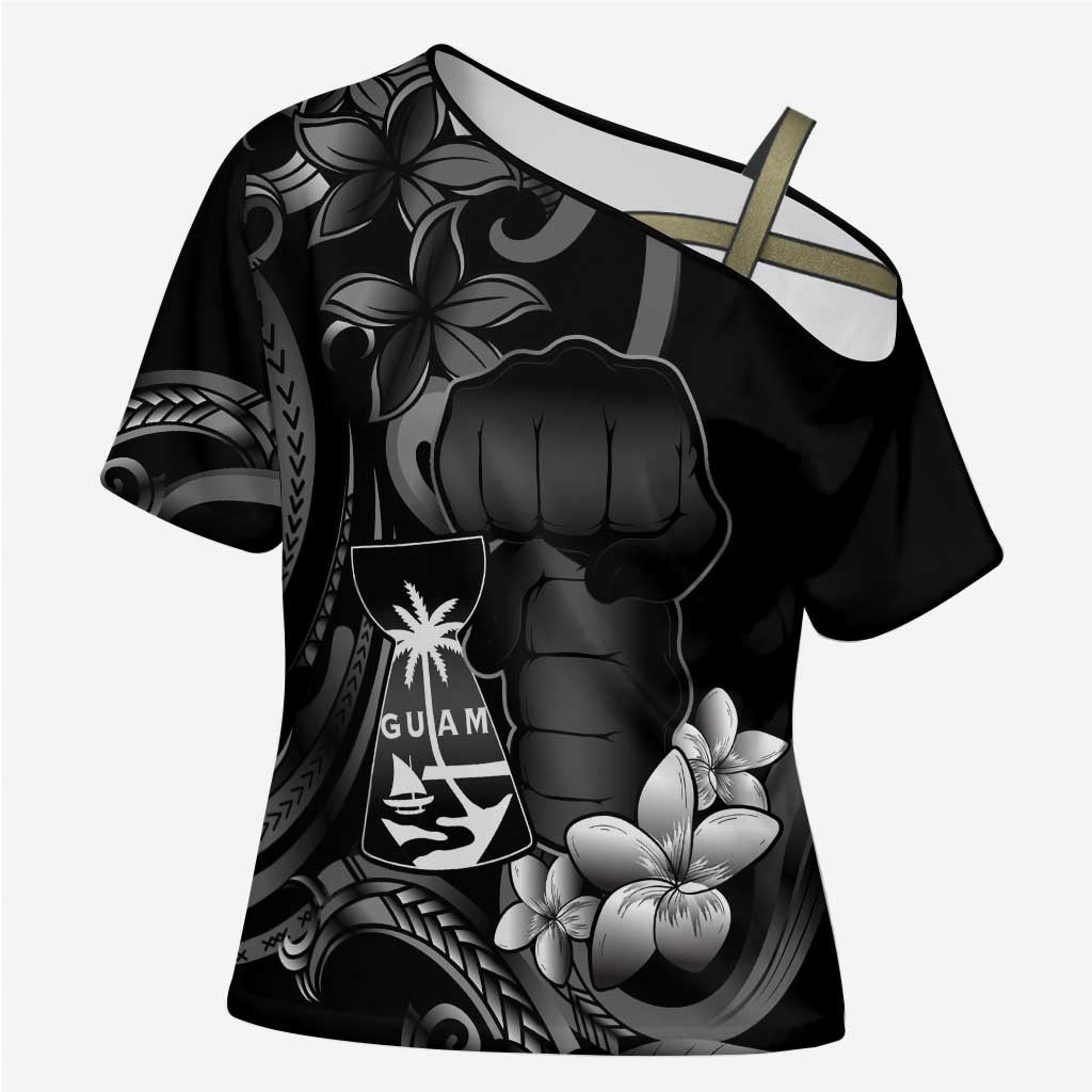Black Hafa Adai Guam Cross Shoulder Shirt Chamorro Latte Stone Hand With Plumeria - Polynesian Pride