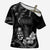 Black Hafa Adai Guam Cross Shoulder Shirt Chamorro Latte Stone Hand With Plumeria - Polynesian Pride
