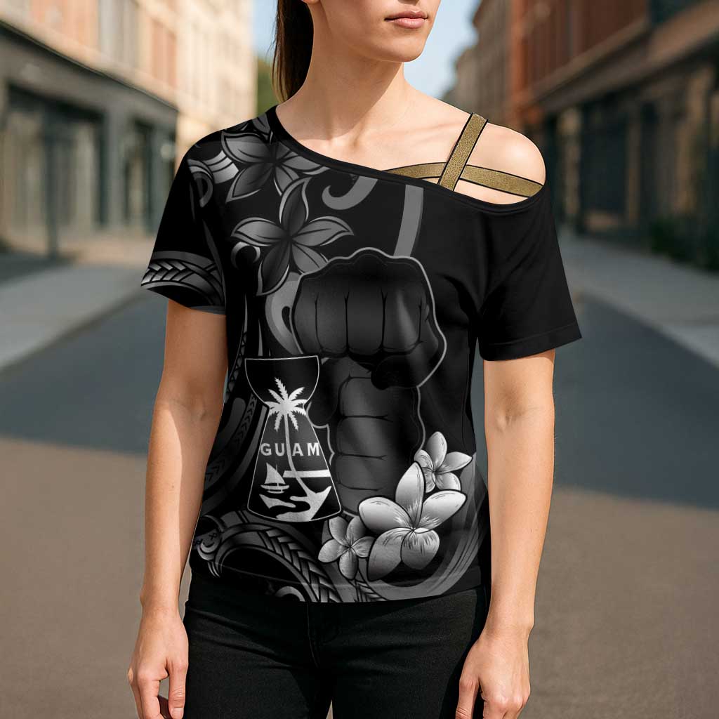Black Hafa Adai Guam Cross Shoulder Shirt Chamorro Latte Stone Hand With Plumeria - Polynesian Pride