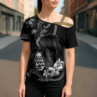 Black Hafa Adai Guam Cross Shoulder Shirt Chamorro Latte Stone Hand With Plumeria - Polynesian Pride