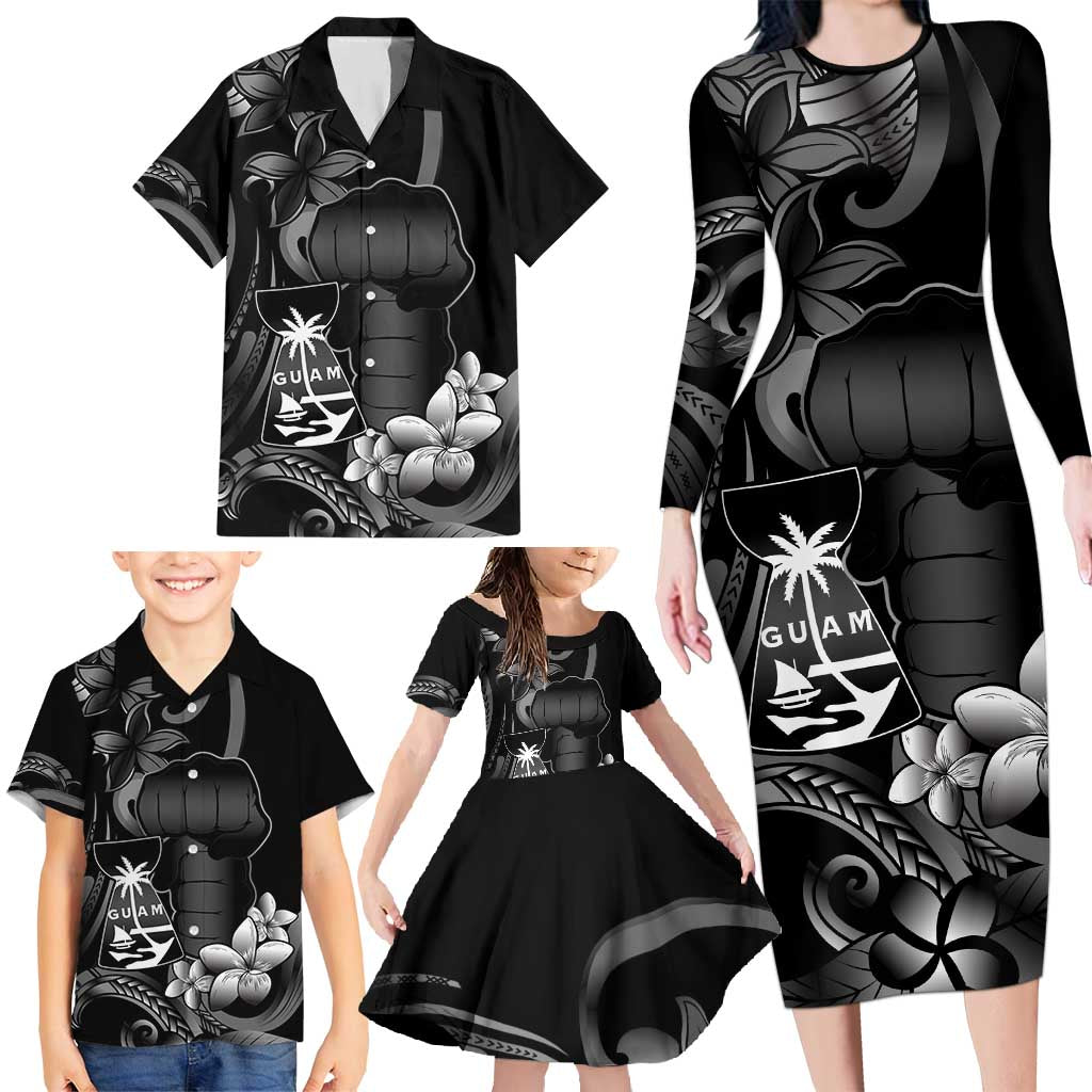 Black Hafa Adai Guam Family Matching Long Sleeve Bodycon Dress and Hawaiian Shirt Chamorro Latte Stone Hand With Plumeria LT14 - Polynesian Pride