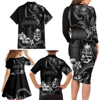 Black Hafa Adai Guam Family Matching Long Sleeve Bodycon Dress and Hawaiian Shirt Chamorro Latte Stone Hand With Plumeria LT14 - Polynesian Pride