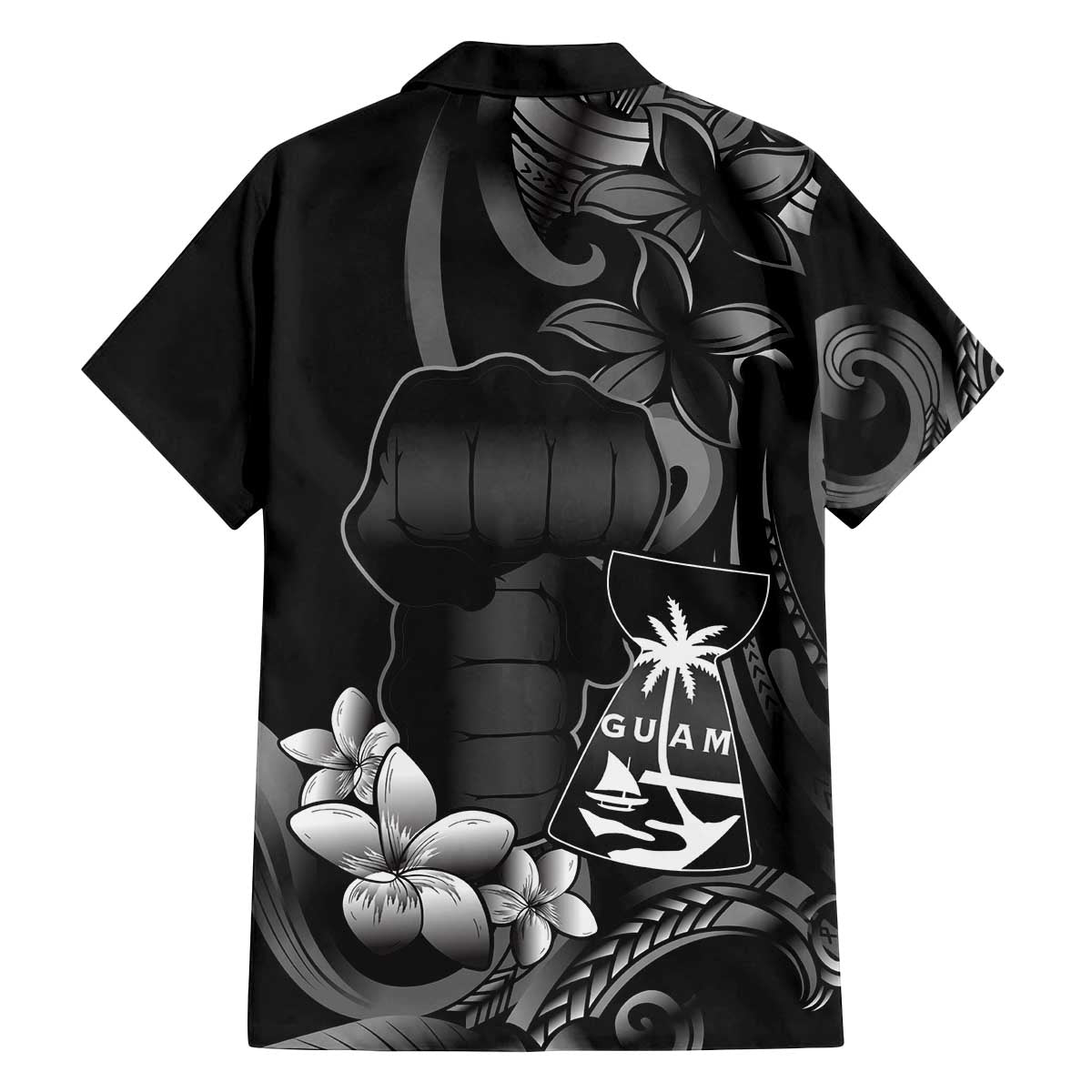 Black Hafa Adai Guam Family Matching Off The Shoulder Long Sleeve Dress and Hawaiian Shirt Chamorro Latte Stone Hand With Plumeria