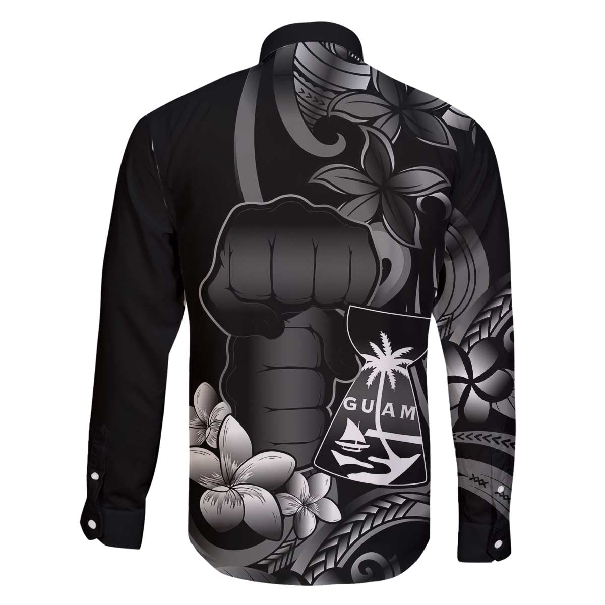 Black Hafa Adai Guam Family Matching Off The Shoulder Long Sleeve Dress and Hawaiian Shirt Chamorro Latte Stone Hand With Plumeria