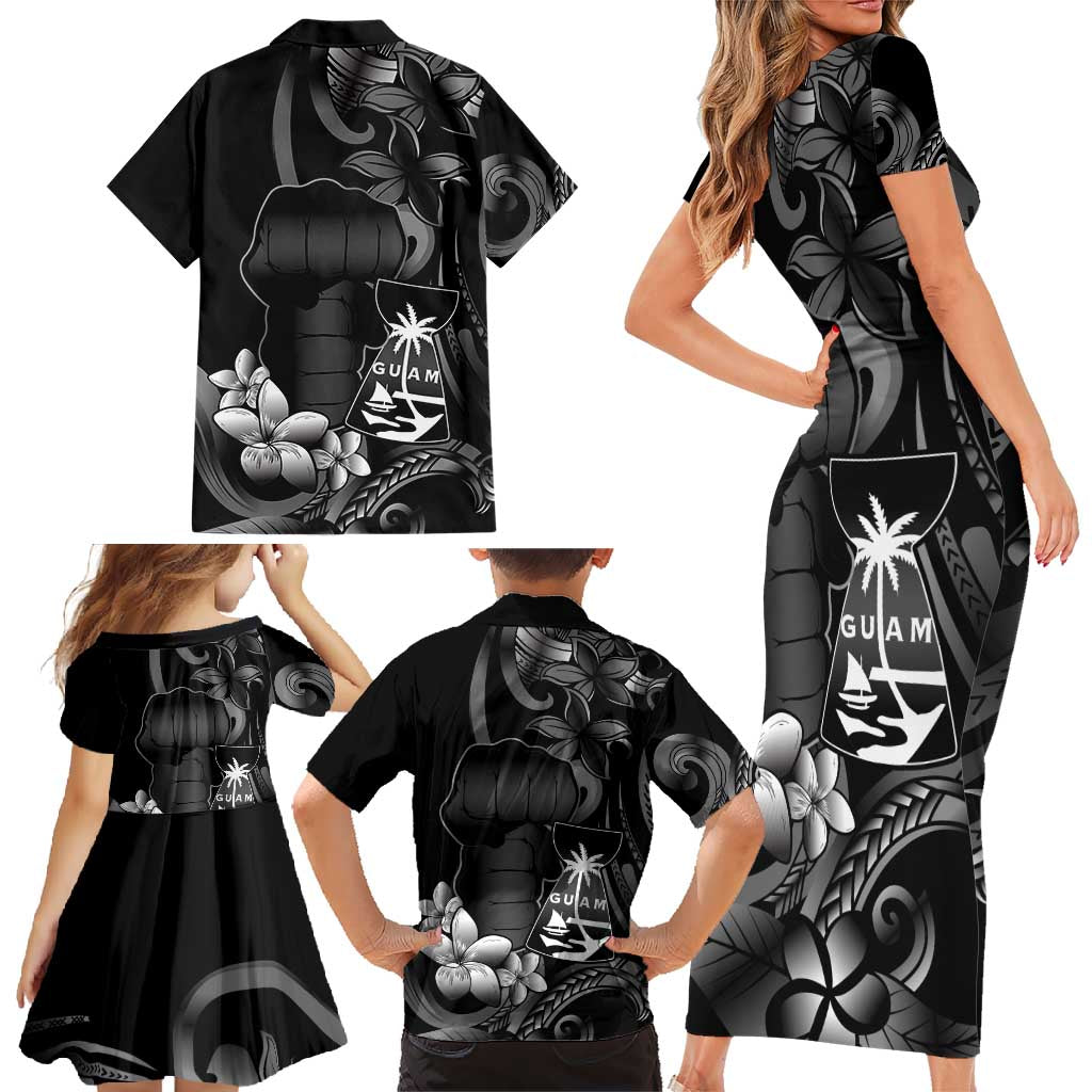 Black Hafa Adai Guam Family Matching Short Sleeve Bodycon Dress and Hawaiian Shirt Chamorro Latte Stone Hand With Plumeria LT14 - Polynesian Pride