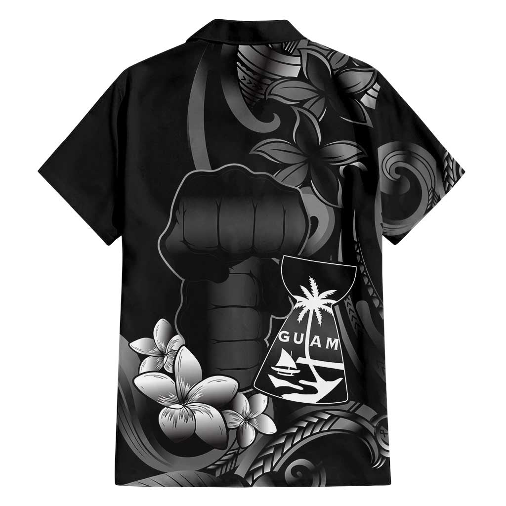 Black Hafa Adai Guam Family Matching Short Sleeve Bodycon Dress and Hawaiian Shirt Chamorro Latte Stone Hand With Plumeria LT14 - Polynesian Pride