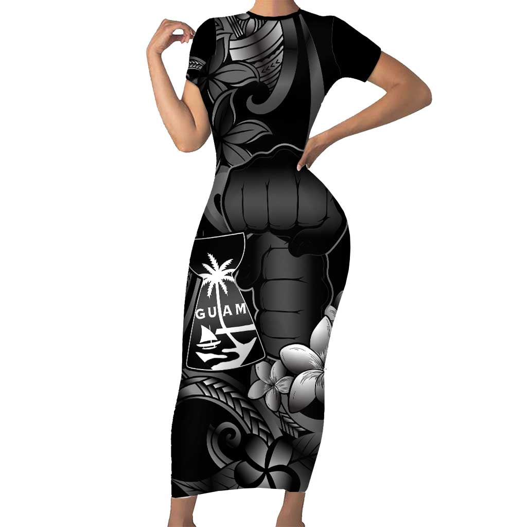 Black Hafa Adai Guam Family Matching Short Sleeve Bodycon Dress and Hawaiian Shirt Chamorro Latte Stone Hand With Plumeria LT14 Mom's Dress Black - Polynesian Pride