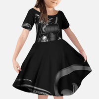 Black Hafa Adai Guam Family Matching Tank Maxi Dress and Hawaiian Shirt Chamorro Latte Stone Hand With Plumeria LT14 Daughter's Dress Black - Polynesian Pride