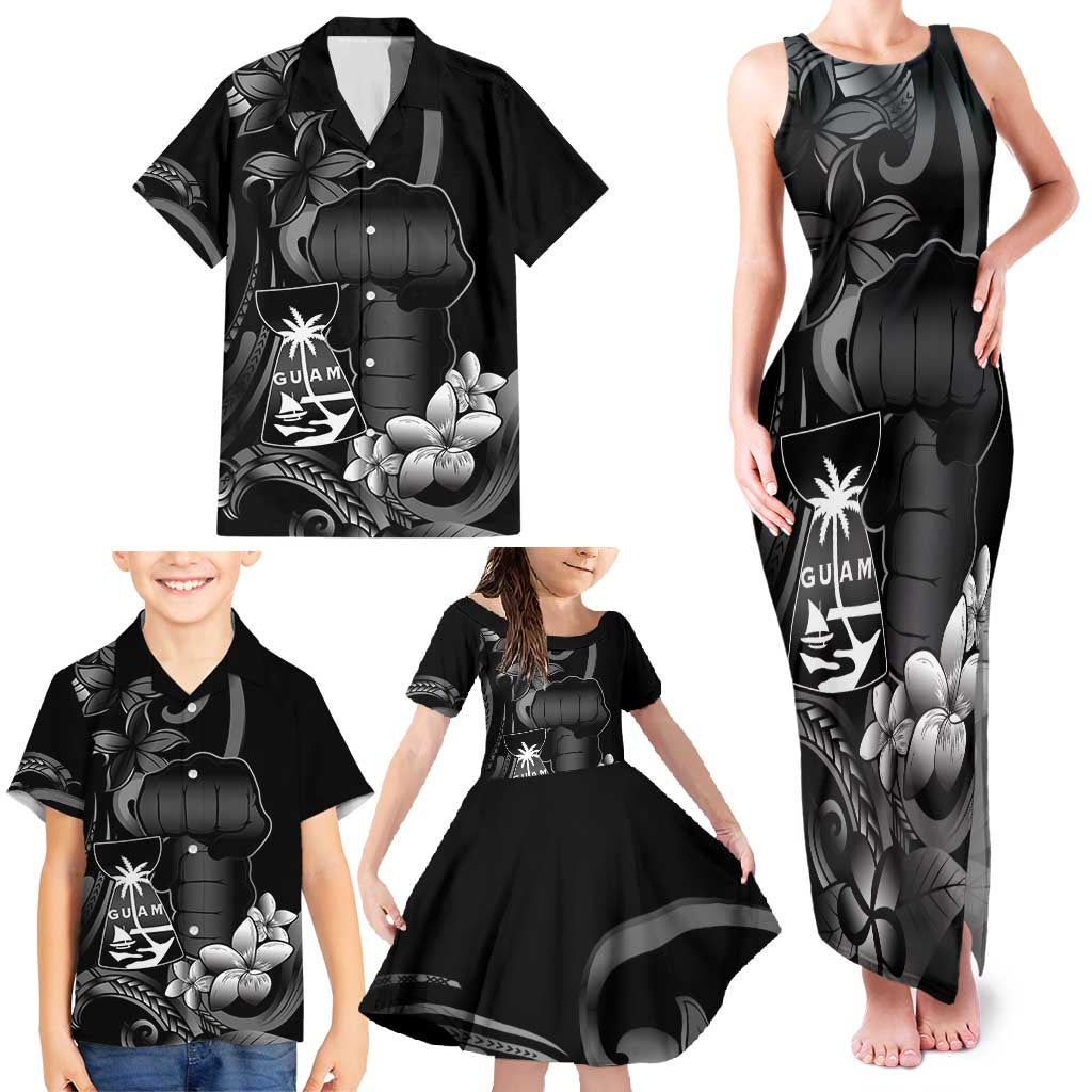 Black Hafa Adai Guam Family Matching Tank Maxi Dress and Hawaiian Shirt Chamorro Latte Stone Hand With Plumeria LT14 - Polynesian Pride