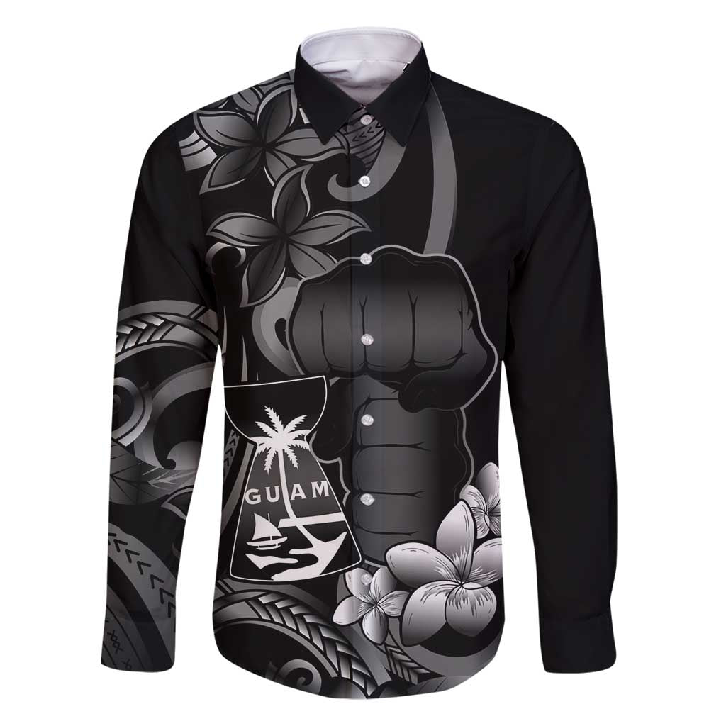 Black Hafa Adai Guam Family Matching Tank Maxi Dress and Hawaiian Shirt Chamorro Latte Stone Hand With Plumeria LT14 Dad's Shirt - Long Sleeve Black - Polynesian Pride
