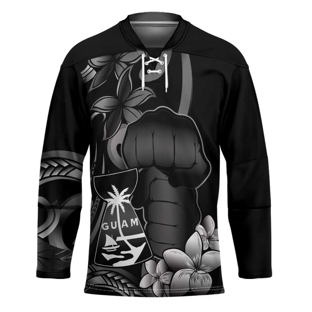 Black Hafa Adai Guam Hockey Jersey Chamorro Latte Stone Hand With Plumeria - Polynesian Pride