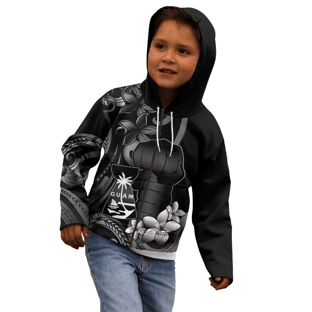 Black Hafa Adai Guam Kid Hoodie Chamorro Latte Stone Hand With Plumeria