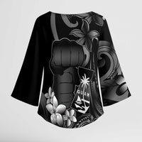Black Hafa Adai Guam Kimono Sleeve Blouse Chamorro Latte Stone Hand With Plumeria - Polynesian Pride