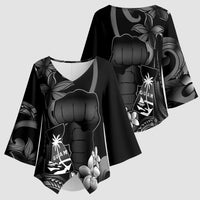 Black Hafa Adai Guam Kimono Sleeve Blouse Chamorro Latte Stone Hand With Plumeria - Polynesian Pride
