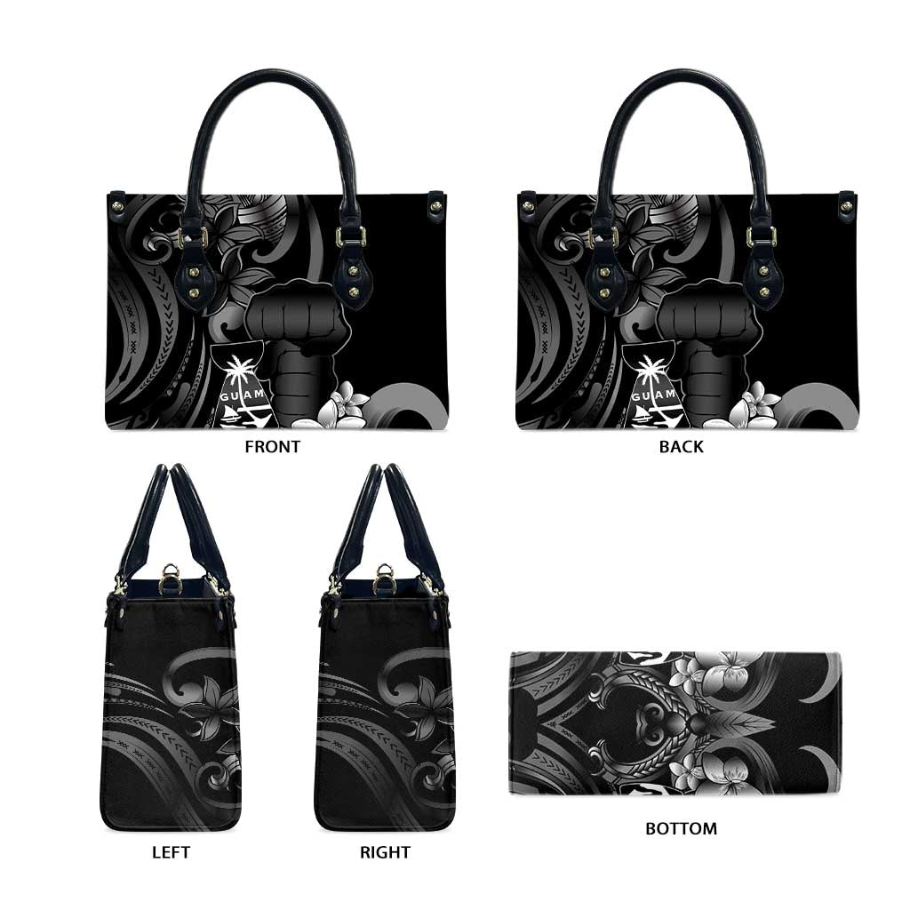 Black Hafa Adai Guam Leather Bag Chamorro Latte Stone Hand With Plumeria - Polynesian Pride